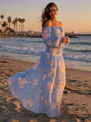 Floral Off the Shoulder A Line Chiffon Maxi Dresses