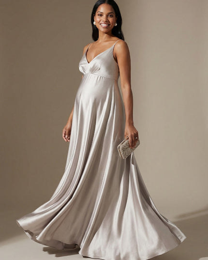 Spaghetti Straps V Neck A Line Satin Maxi Dresses