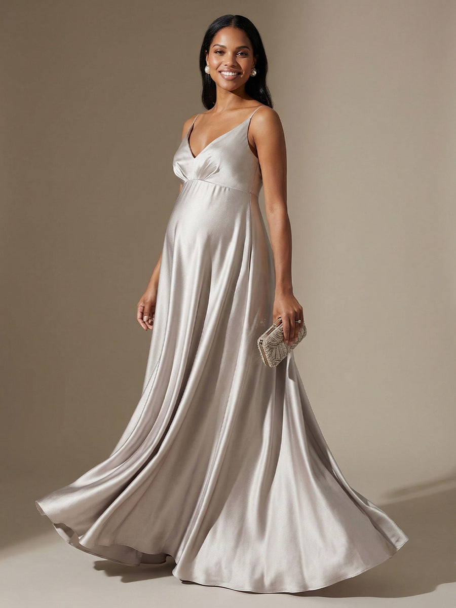 Spaghetti Straps V Neck A Line Satin Maxi Dresses