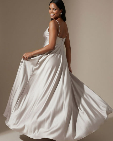 Spaghetti Straps V Neck A Line Satin Maxi Dresses