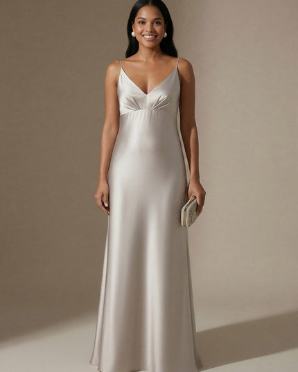 Spaghetti Straps V Neck A Line Satin Maxi Dresses