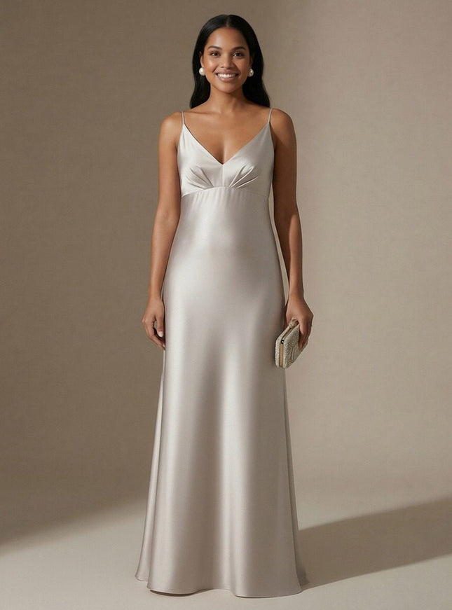 Spaghetti Straps V Neck A Line Satin Maxi Dresses