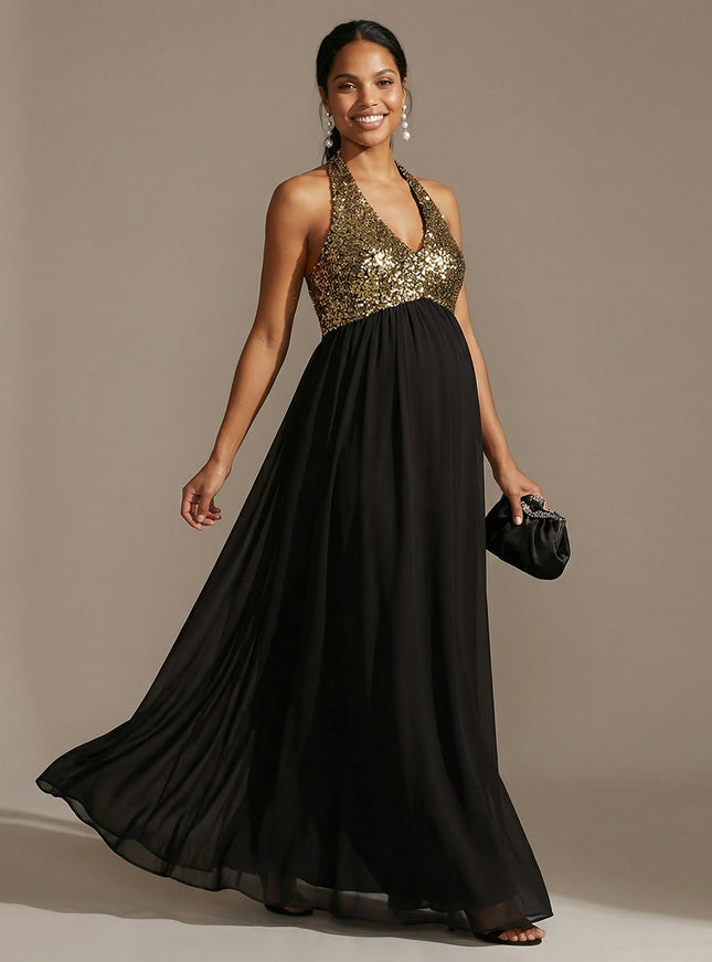 Halter Chiffon A Line Sequin Wedding Guest Dresses