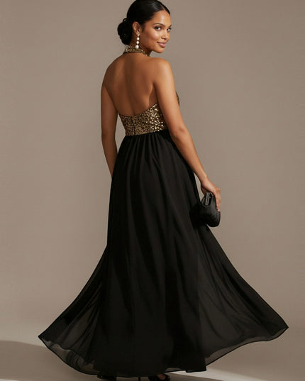 Halter Chiffon A Line Sequin Wedding Guest Dresses