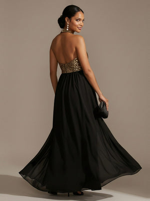Halter Chiffon A Line Sequin Wedding Guest Dresses