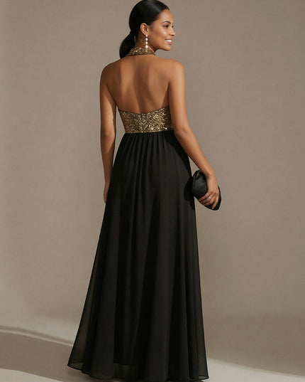 Halter Chiffon A Line Sequin Wedding Guest Dresses