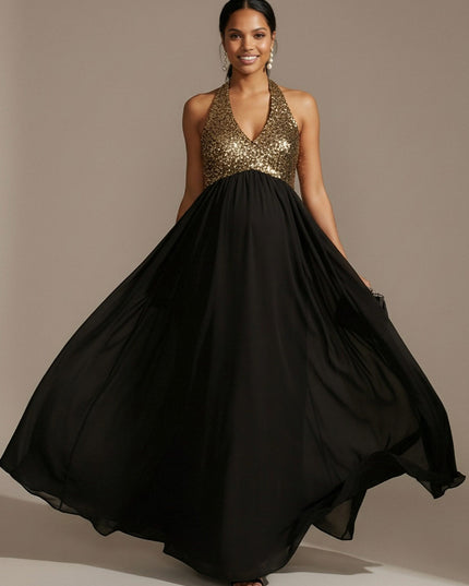 Halter Chiffon A Line Sequin Wedding Guest Dresses