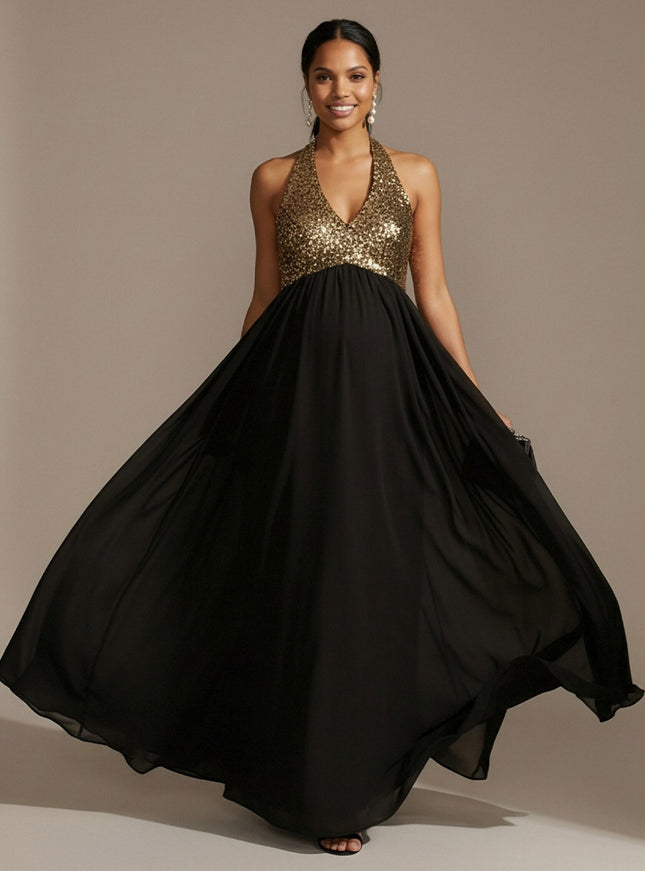 Halter Chiffon A Line Sequin Wedding Guest Dresses