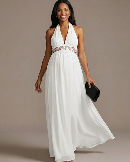 Halter Chiffon A Line Sequin Maxi Dresses with Floral