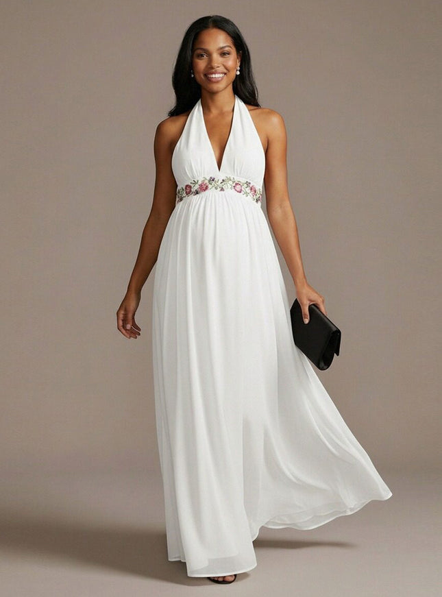 Halter Chiffon A Line Sequin Maxi Dresses with Floral