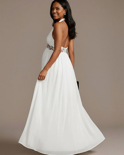 Halter Chiffon A Line Sequin Maxi Dresses with Floral