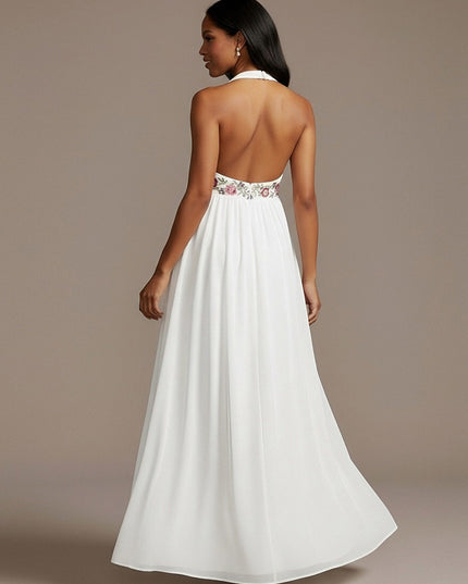 Halter Chiffon A Line Sequin Maxi Dresses with Floral