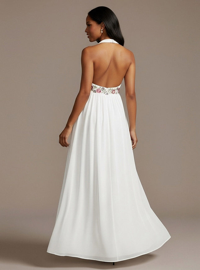 Halter Chiffon A Line Sequin Maxi Dresses with Floral