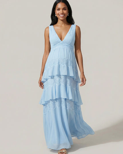 A Line V Neck Tiered Chiffon Sleeveless Wedding Guest  Dresses