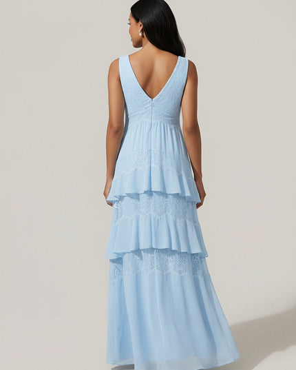 A Line V Neck Tiered Chiffon Sleeveless Wedding Guest  Dresses