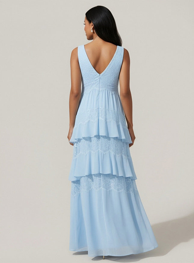 A Line V Neck Tiered Chiffon Sleeveless Wedding Guest  Dresses