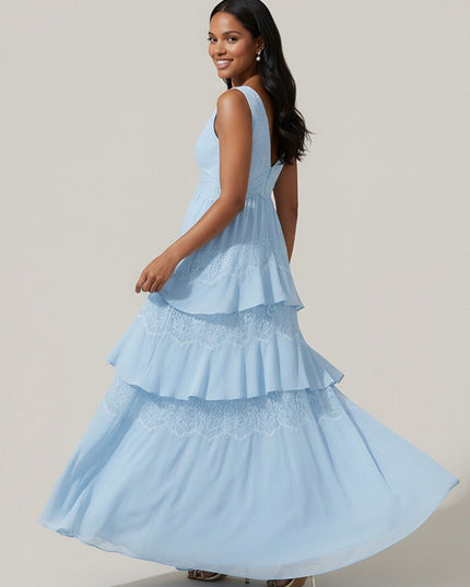 A Line V Neck Tiered Chiffon Sleeveless Wedding Guest  Dresses