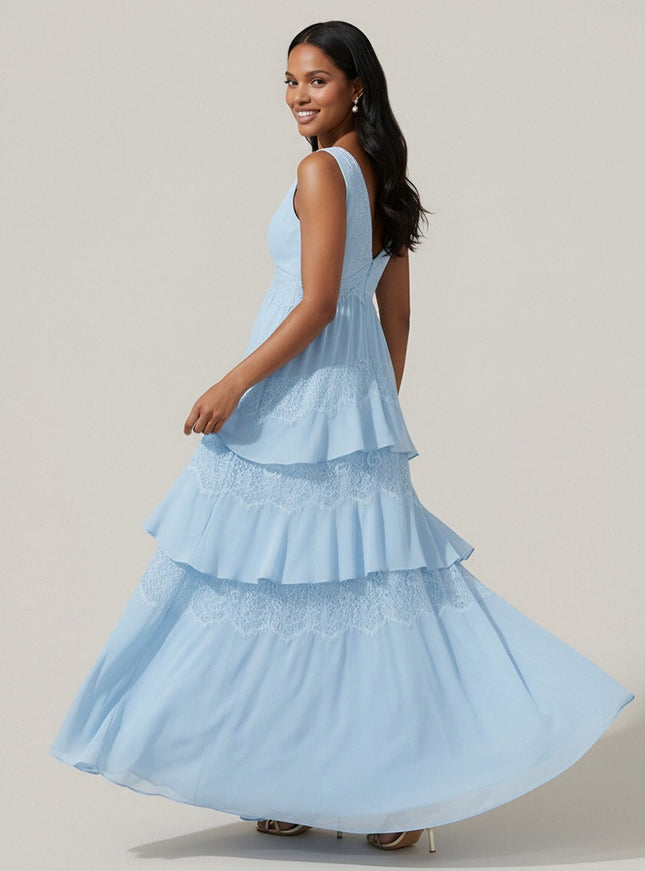 A Line V Neck Tiered Chiffon Sleeveless Wedding Guest  Dresses