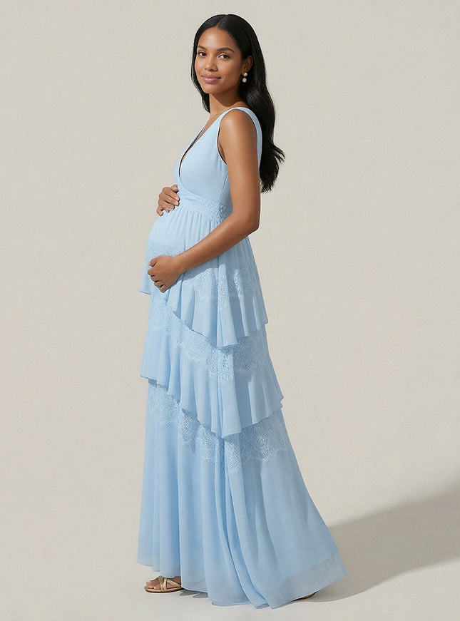 A Line V Neck Tiered Chiffon Sleeveless Wedding Guest  Dresses