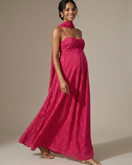 Jacquard A Line Spaghetti Straps Square Neck Maxi Dresses with Scarf