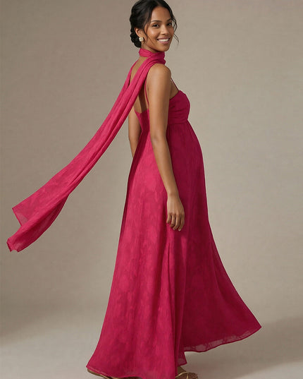 Jacquard A Line Spaghetti Straps Square Neck Maxi Dresses with Scarf