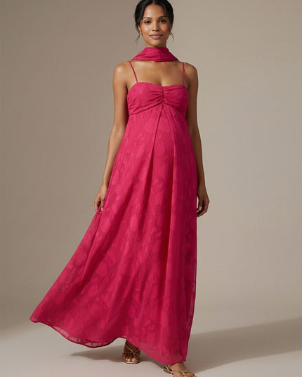 Jacquard A Line Spaghetti Straps Square Neck Maxi Dresses with Scarf