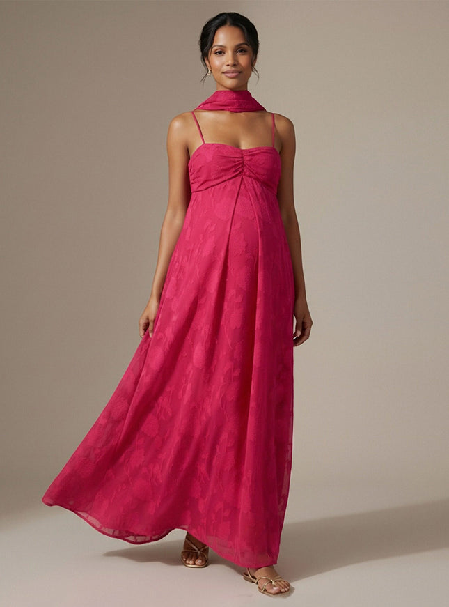 Jacquard A Line Spaghetti Straps Square Neck Maxi Dresses with Scarf