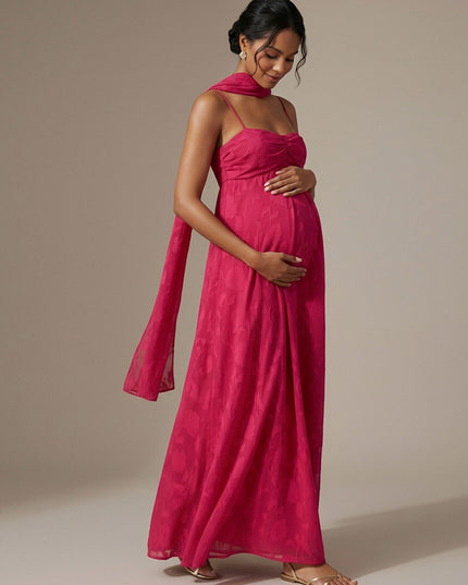 Jacquard A Line Spaghetti Straps Square Neck Maxi Dresses with Scarf