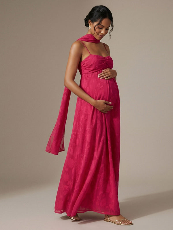 Chiffon A Line Spaghetti Straps Square Neck Maxi Dresses with Scarf