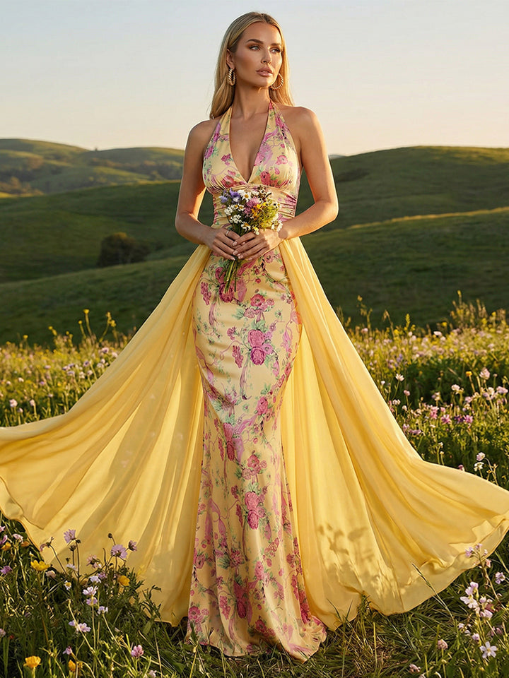 Floral V Neck Corset Mermaid Formal Dresses with Overskirt Chiffon Gowns