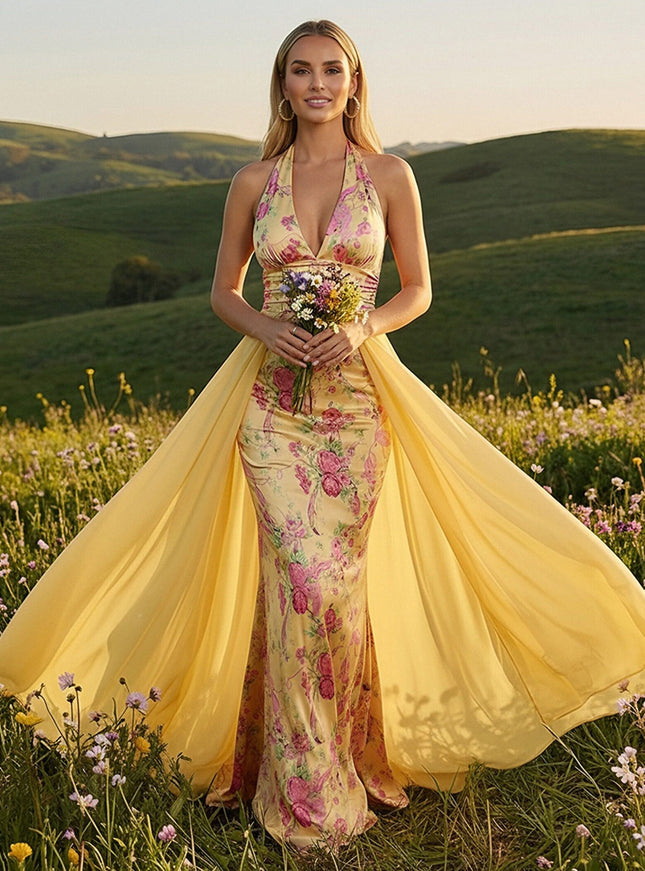 Floral V Neck Corset Mermaid Formal Prom Dresses