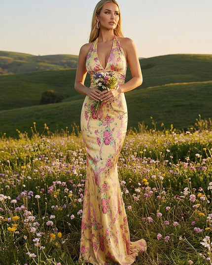 Floral V Neck Corset Mermaid Formal Prom Dresses