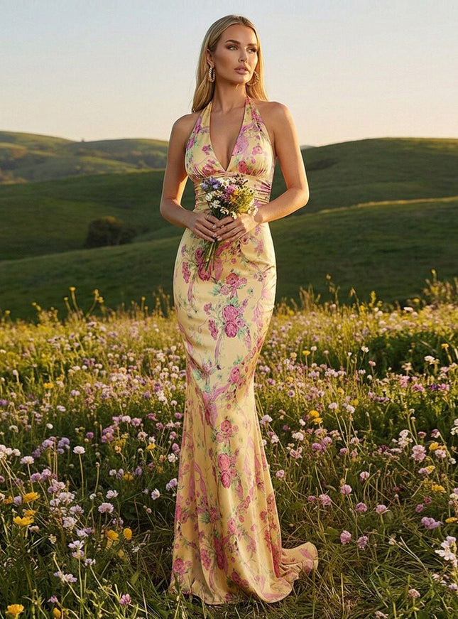 Floral V Neck Corset Mermaid Formal Prom Dresses