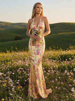 Floral V Neck Corset Mermaid Formal Prom Dresses