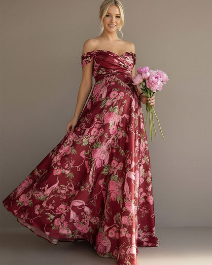 Floral Off the Shoulder Corset Pleated Maxi Dresses