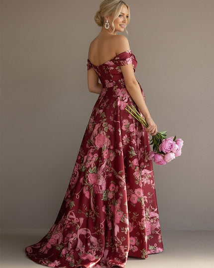 Floral Off the Shoulder Corset Pleated Maxi Dresses