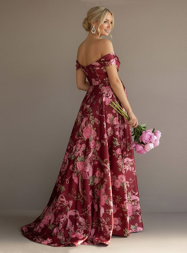 Floral Off the Shoulder Corset Pleated Maxi Dresses