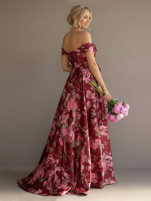 Floral Off the Shoulder Corset Pleated Maxi Dresses
