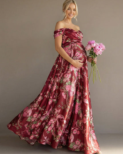 Floral Off the Shoulder Corset Pleated Maxi Dresses