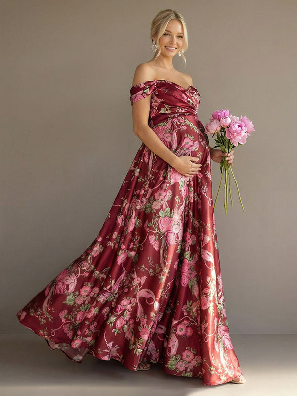 Floral Off the Shoulder Corset Pleated Maxi Dresses