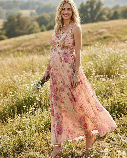Floral V Neck Spaghetti Straps Maxi Dresses
