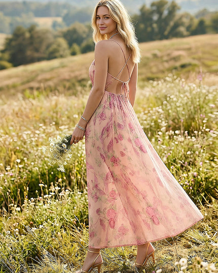 Floral V Neck Spaghetti Straps Maxi Dresses