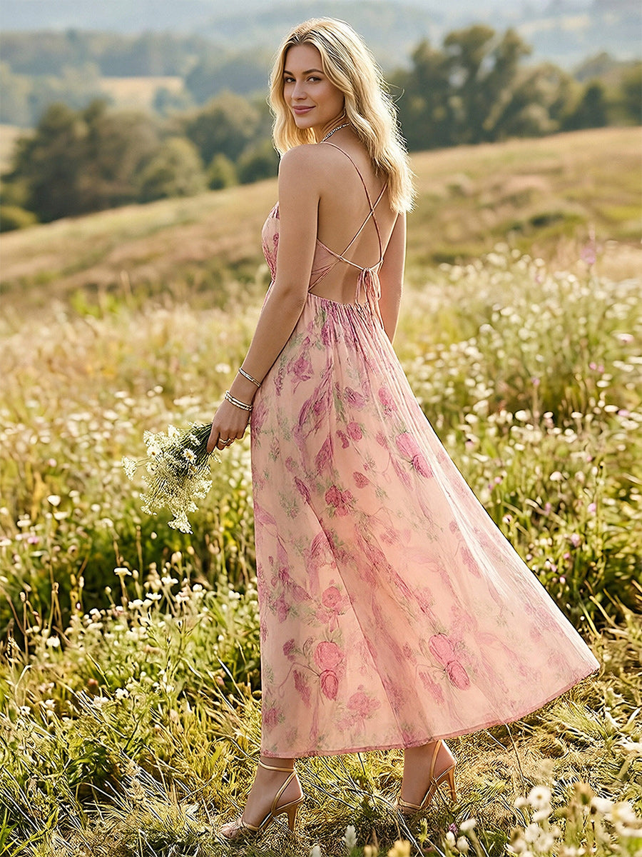 Floral V Neck Spaghetti Straps Maxi Dresses
