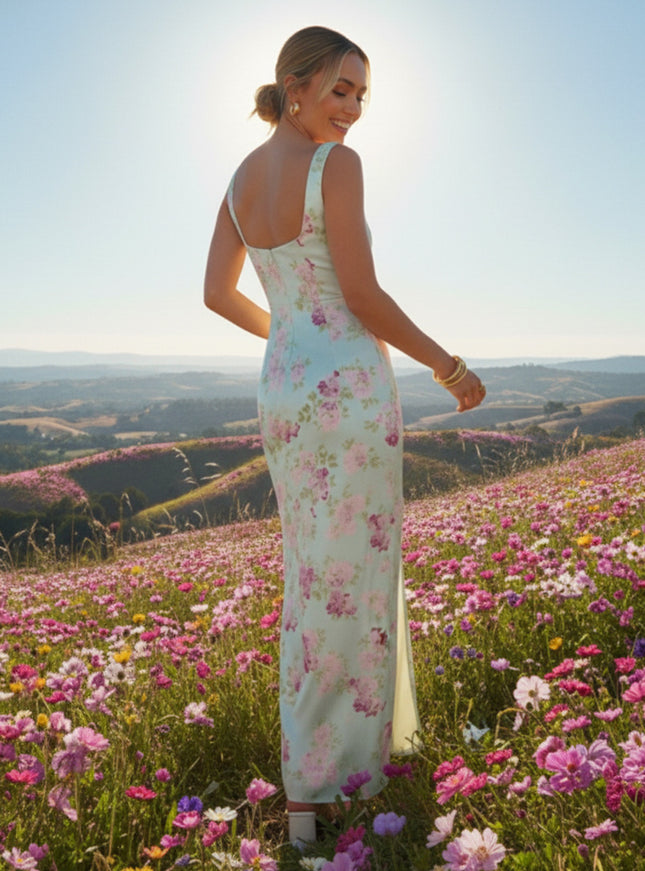 Floral Square Neck Wedding Guest Dresses with Slit