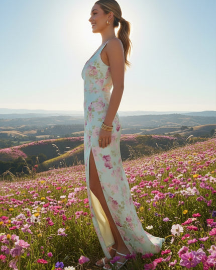 Floral Square Neck Wedding Guest Dresses with Slit