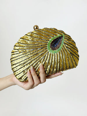 Shell Delicated Beadings Feather Sequin Handbags with Chain