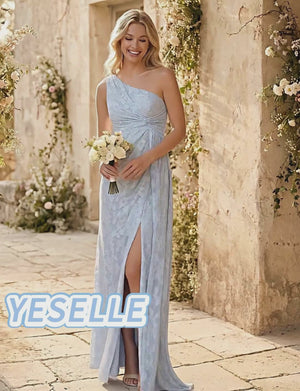 One Shoulder Chiffon Floral Bridesmaid Dresses with Slit