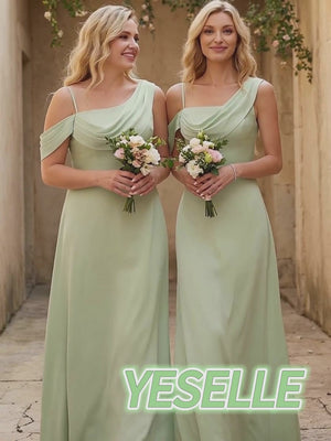 Square Neck Pleated Satin Tiered Bridesmaid Dresses