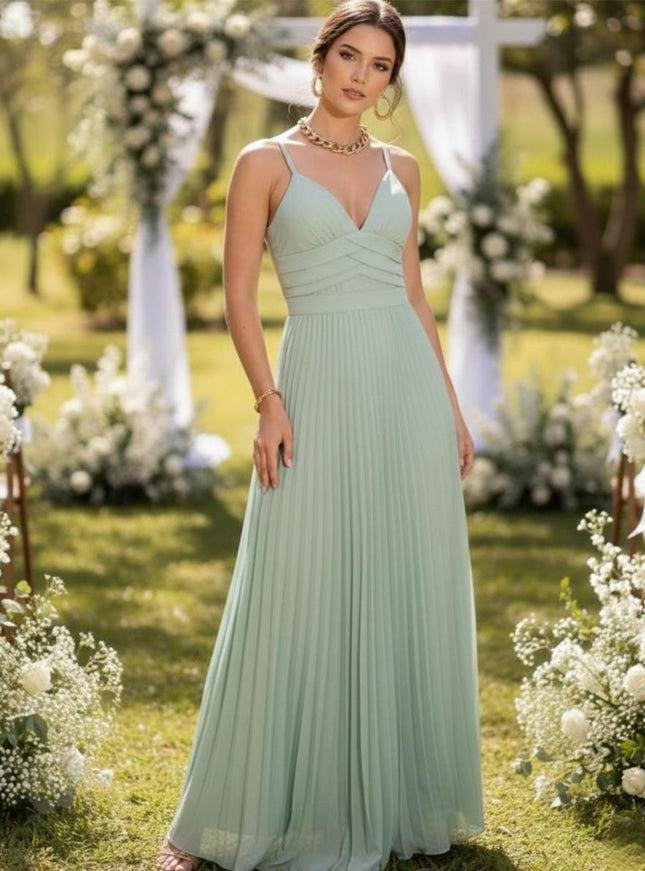 Spaghetti Straps Chiffon Pleated Maxi Bridesmaid Dresses